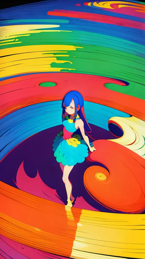 (Super detailed,ultra high resolution,detailed background),((2D)),((flat color)),((colorful)),((floating colorful water)),1 girl,alone,looking at the viewer,break