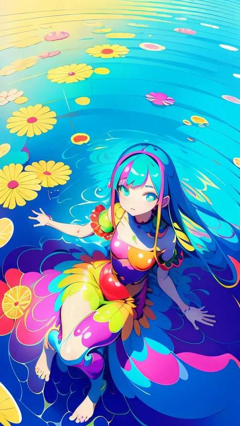 (Super detailed,ultra high resolution,detailed background),((2D)),((flat color)),((colorful)),((floating colorful water)),1 girl,alone,looking at the viewer,break