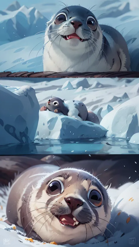 1 cute seal，front view，close up, Pixar style, best quality, stills, very cute, big eyes,  ，open mouth，Very happy，，Antarctica，high detail，Super details，high quality, masterpiece, precise, 