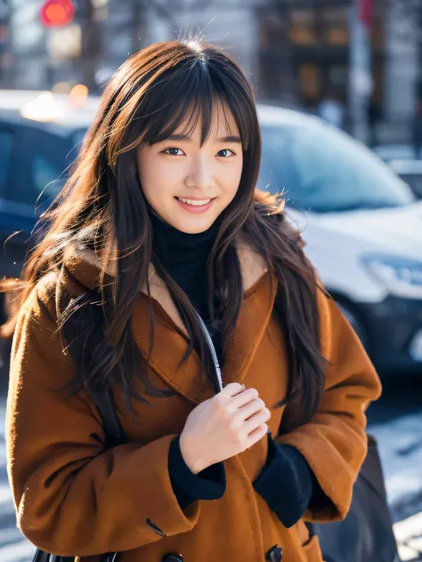 Photoreal, 8k Full Length Portrait, Beautiful woman, attractive look, 16 years old, Tokyo city, winter, Shibuya in the background