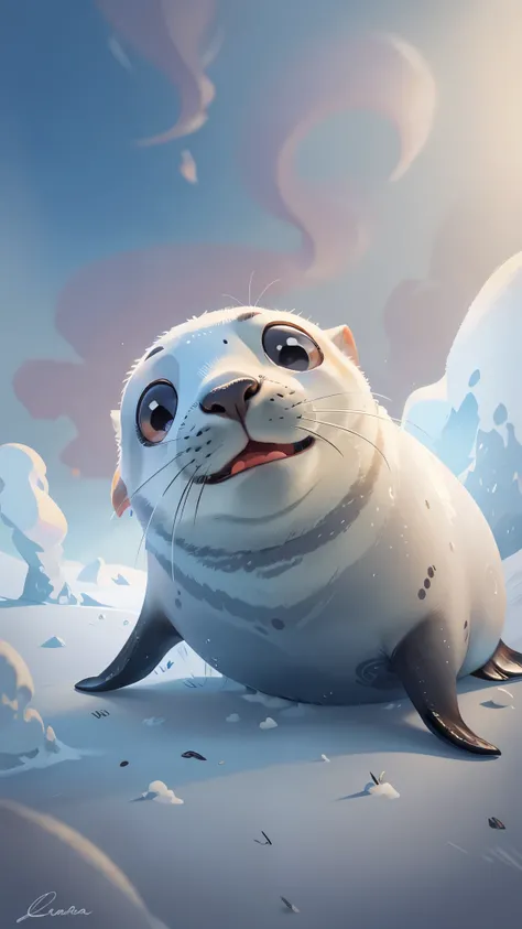 1 cute seal，front view，close up, Pixar style, best quality, stills, very cute, big eyes,  ，open mouth，Very happy，，Antarctica，high detail，Super details，high quality, masterpiece, precise, 