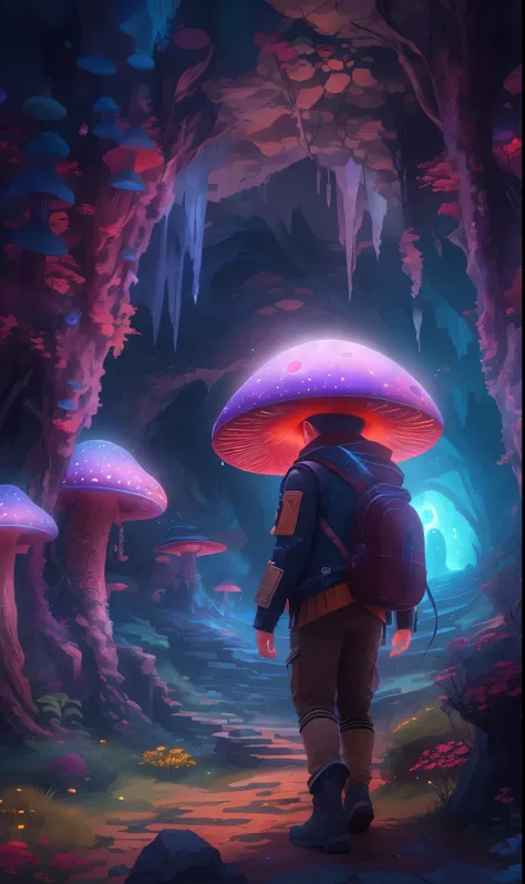 super detailed，4k，8k，high resolution，masterpiece。a boy，in underground wonders，discover glowing mushrooms and stalactite crystals...