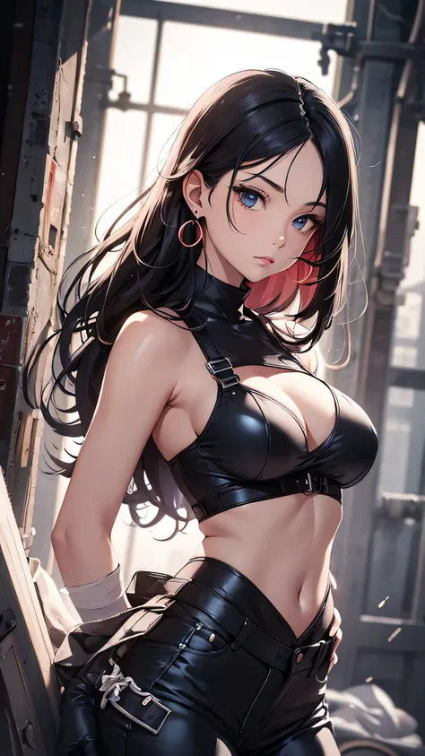 最high quality、best image quality、masterpiece、teenage girl((18-year-old、 By becoming、vest bust、medium bust,wide open breast tea、black eye, black hair、long hair、thin,highest valley、Perforated gloves、blue earrings、bandana、black stretch work clothes、red work p...