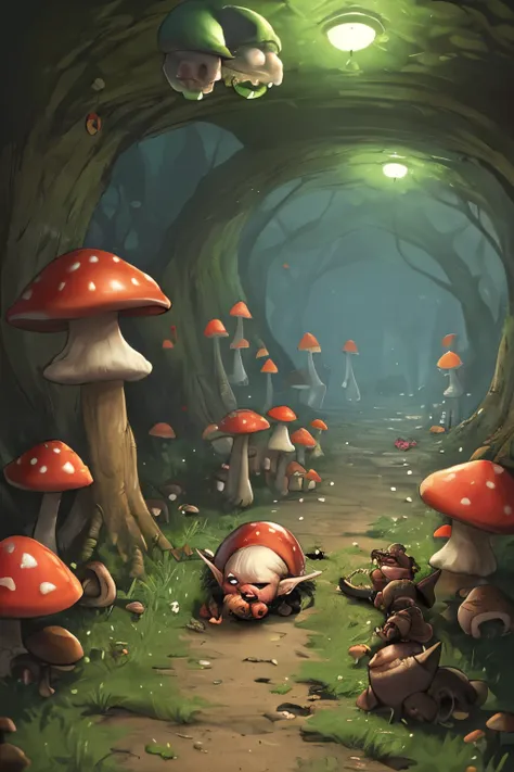 a goblin lair deep underground lit by glowing mushrooms, several very feral goblins chew on the bloody remains o an elf they kil...