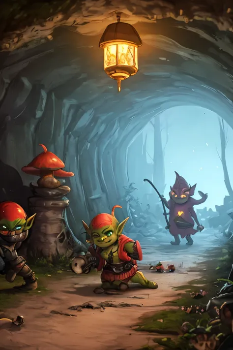 a goblin lair deep underground lit by glowing mushrooms, several very feral goblins chew on the bloody remains o an elf they kil...