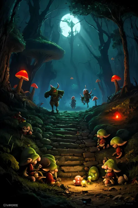 A goblin lair deep underground lit by glowing mushrooms, several very feral goblins chew on the bloody remains o an elf they killed. Bones litter the ground