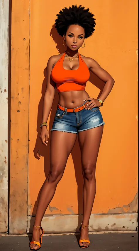 mature african girl, looking like alicia keys, big breasts, nice lips, orange halter top, full body shot, midriff, shorts