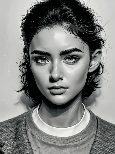 (a black and white close-up of a wild beauty wearing a white shirt), (short hair) with very fluffy and full hair on top of her h...