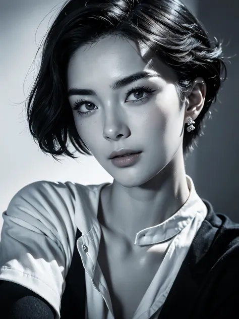 (A black and white close-up of a wild beauty wearing a white shirt), short hair, very fluffy and plump hair on the top of the head, (slightly lowered: 0.65), (single eyelids: 1.0), a young and wild Asian face, a bit of a mixed race face, (closed mouth purs...