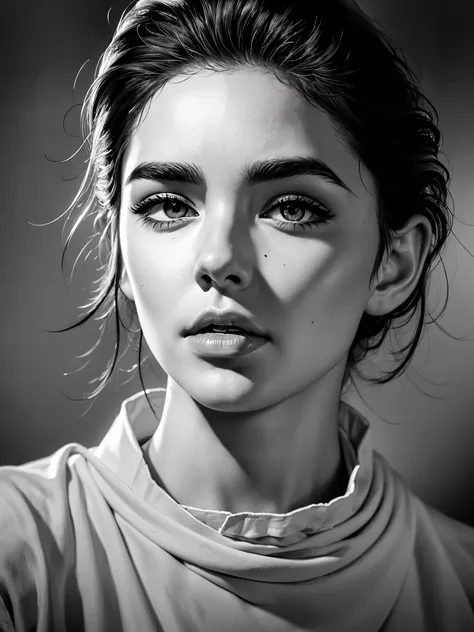 (a black and white close-up of a wild beauty wearing a white shirt), short hair, very fluffy and plump hair on the top of the he...