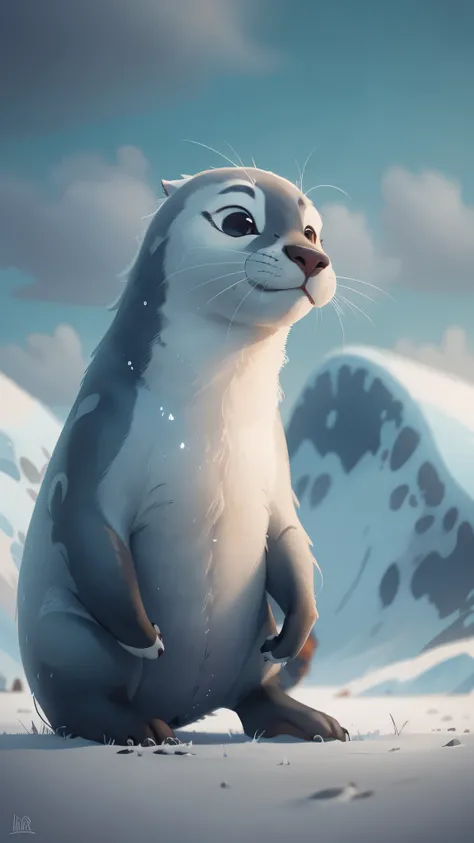 wild animals，Pixar style, seal，best quality, Lovely，stills, In Antarctica，，cinematic dramatic lighting, Cool colors，Very happy，smooth gray fur，high detail，Super details，high quality, masterpiece, precise，sharp focus, (Perfect reality and extreme details), ...