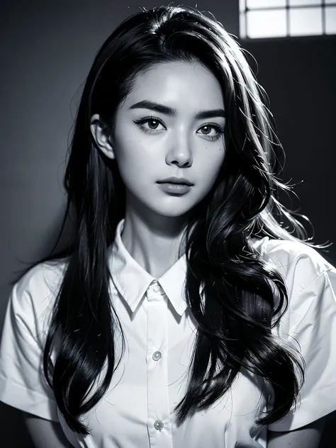 (a black and white close-up of a wild beauty wearing a white shirt), with messy and fluffy middle hair, very fluffy and full hai...