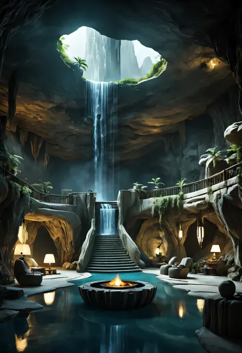 地下cave樓梯.Have a leisure space,Room with waterfall, fantasy setting, Luxurious environment, 地下cave环境, In a futuristic desert palace, 美丽的奇幻cave场景, futuristic setting, A cozy space hidden in a cave,Surreal sci-fi set design and various leisure equipment, Insi...