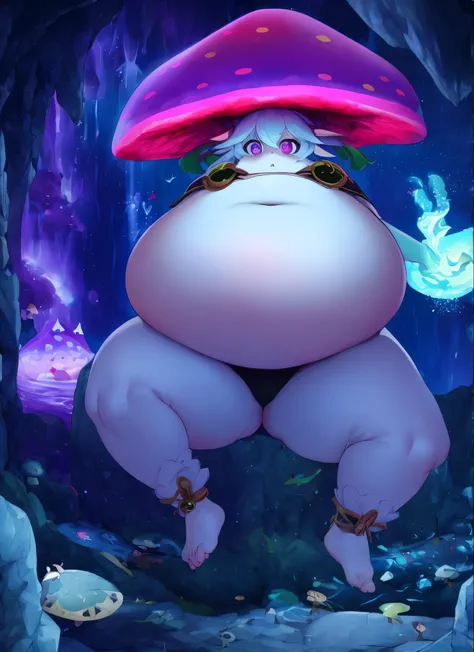 （masterpiece, highest quality, super detailed）mushroom skin、Detailed hands, Detailed Face, detailed feet, Detailed Eyes, young girl, thick thighs、Chubby、pot belly、obesity、Completely color-coded beauty、Water Flowing Cave、fear、scary face、A girl was taken in ...