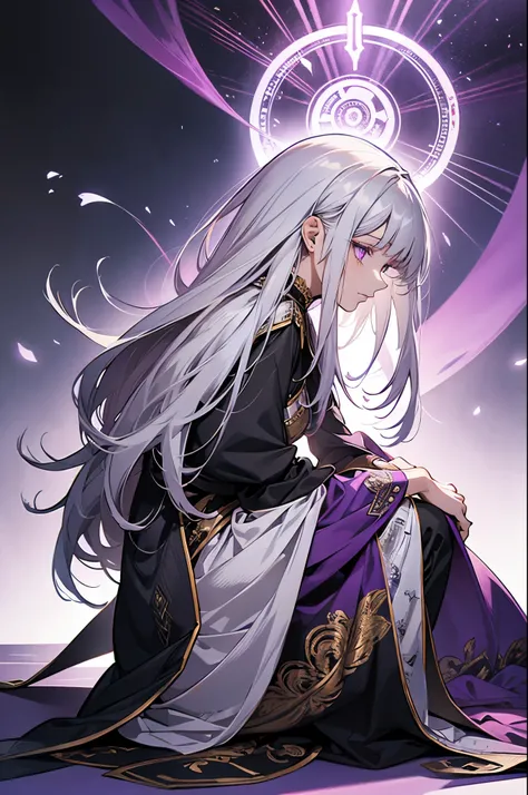 Woman, beautiful long silver hair with bangs, purple eyes, adult face, adult, cute face, warrior, bewitching, fantasy, magician, profile, whole body, kneeling