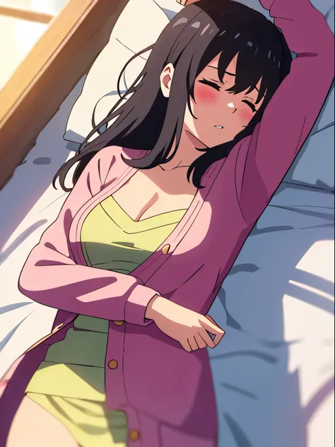 best quality, masterpiece, colorful, beautiful, shinkai makoto, kimi no na wa., 1girl, bangs, black hair, twisted half up, red ribbon, long hair, blush, closed eyes, parted lips, cowboy shot, full body, medium breasts, cleavage, cute, long sleeves pink car...