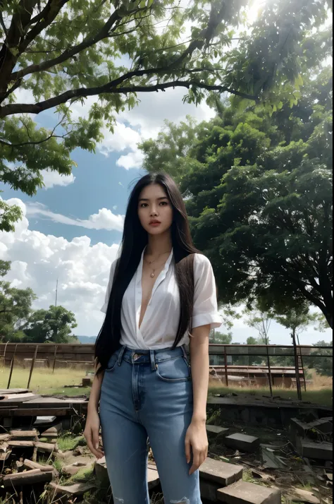 Thai Woman, look at viewer, long hair, shirt, jeans, cloud, day, sky,outdoors, post-apocalypse, ruins, scenery, tree, water, wearing red dress, fashionable pose, vogue theme