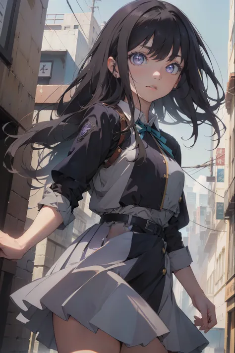 takinainoue, inoue takina, long hair, bangs, black hair, (purple eyes:1.2), BREAK shirt, long sleeves, dress, ribbon, school uniform, white shirt, collared shirt, belt, neck ribbon, blue dress, green ribbon, pleated dress, grey dress, two-tone dress, blue ...