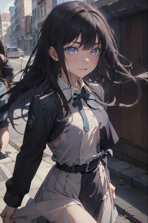 takinainoue, inoue takina, long hair, bangs, black hair, (purple eyes:1.2), BREAK shirt, long sleeves, dress, ribbon, school uniform, white shirt, collared shirt, belt, neck ribbon, blue dress, green ribbon, pleated dress, grey dress, two-tone dress, blue ...