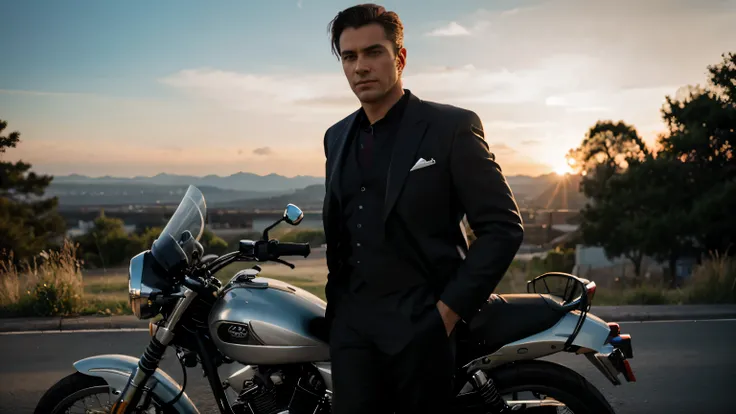 Handsome man in a suit standing next to a motorcycle, synthwave style, light waves, sunset, complex, highly detailed.