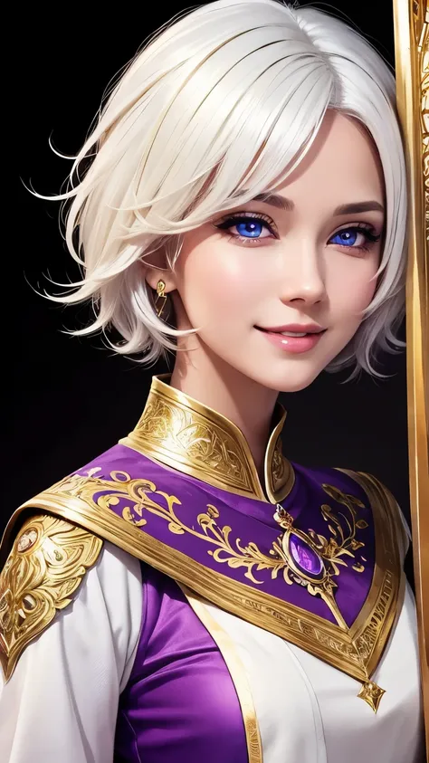 ((A beauty cleric with short white hair)), big smiling, (((Focused eyes))), Purple and golden clothes color, Facing at the viewer, (Half body photoshoot, Detailed eyes, Light Makeup, Masterpiece)