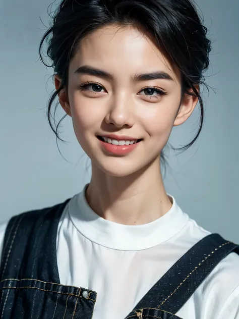 (a close-up of a wild and beautiful woman wearing a white shirt in black and white), (super short hair: 0.8), (slightly lowered ...