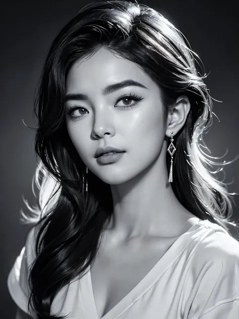 (Wild beauty黑白特写),Black and white pencil drawing of a woman wearing a white shirt, Young wild asian face,,A bit of a mixed race face,, (Laugh with your mouth closed),(The foxy eyes are half-closed:1.2),(Squint the corners of your eyes and turn them up slig...