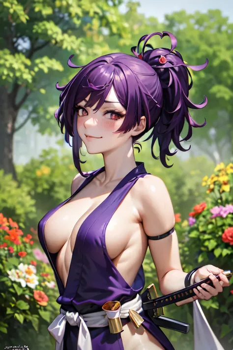 (best quality:1.1), (masterpiece:1.2), portrait, 
1girl, yuzuriha_(jigokuraku), purple hair, brown eyes, ninja, open clothes, cleavage, small breasts, topknot, medium hair, breasts apart, white obi, smirk, outdoors, (blush:1.1), flowers,
 