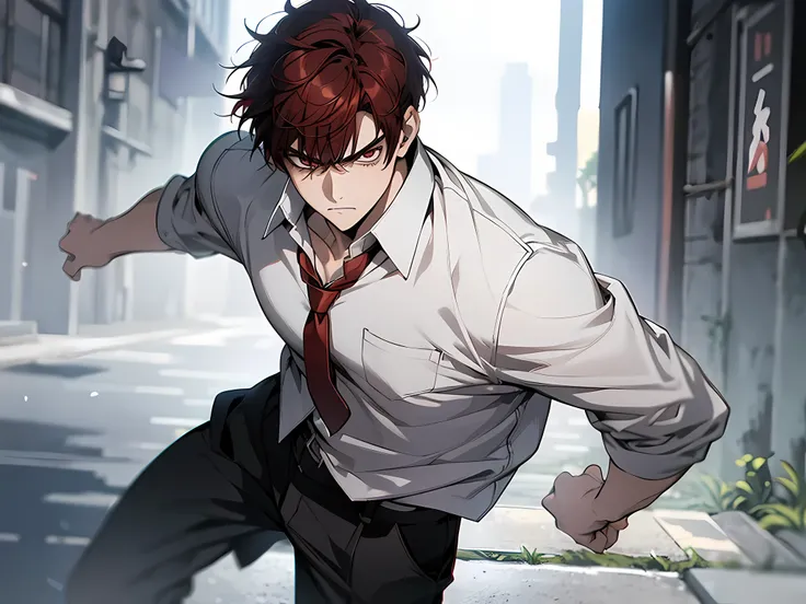 1 boy, wearing white shirt, red hair, black hair, short hair, angry facial expression, fighting pose, standing, face to detail, ...