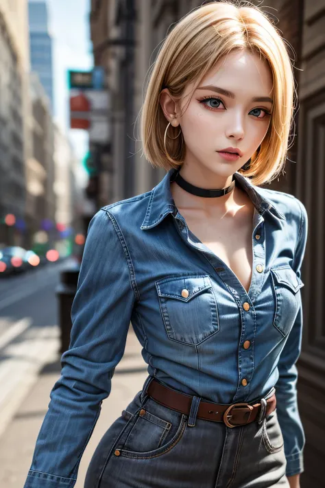 android 18, android 18, blonde hair, blue eyes, eyelash, hoop earrings, short hair, earrings, break belt, black legwear, black shirt, breast pocket, cleavage, clavicle, denim, denim skirt, high-waist skirt, jewelry, long sleeve, pocket, shirt, shirt tucked...