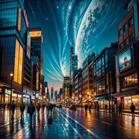 (nebulae hyper Nebula starry_sky Moonset epic moonrise spacious moonshine) In this futuristic image of a city at night，We were taken into a city full of technology and innovation。Tall skyscrapers glow with neon lights in the night sky，Forming a series of c...