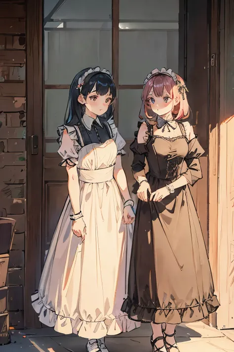 2 girls，Girls in maid outfits and girls in evening dresses，lesbian