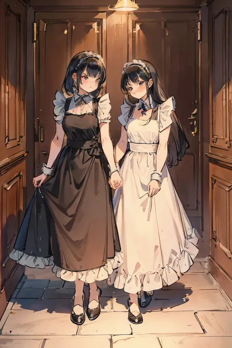 2 girls，Girls in maid outfits and girls in evening dresses，lesbian