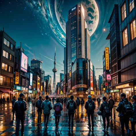 (nebulae hyper Nebula starry_sky Moonset epic moonrise spacious moonshine) In this futuristic image of a city at night，We were taken into a city full of technology and innovation。Tall skyscrapers glow with neon lights in the night sky，Forming a series of c...