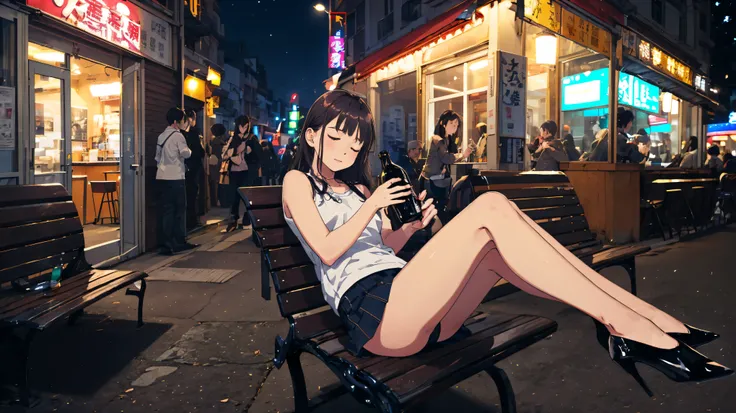 8K, highest quality, （beauty of pubic hair）、High resolution, realistic, real person、Bustling street at night、On a bench in a park with dazzling neon lights、(I&#39;Iはベンチで酔っていた, I close my eyes and fall asleep.)、(drunk, Her legs are wide open.、Underwear is v...