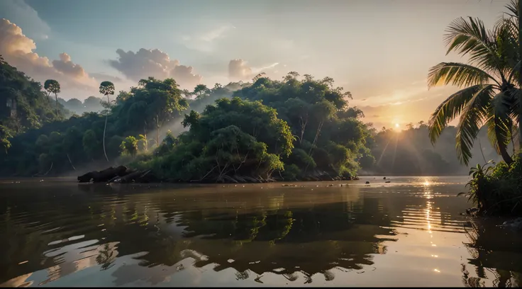 Mekong River, in the jungle of Thailand, at sunrise, with realistic textures, ultra hd, realistic, vivid colours, high detail, perfect composition, from below, beautiful detailed complex insanely detailed octane render, artstation trend, 8k art photography...