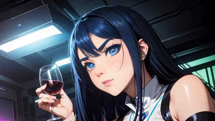 cool synthwave anime girl , dark blue hair , blue eyes , rainy time , underground dance club , whole body shot, big brest, (Perfect thick white eyebrows) Delicate fur, 详细s face, s the perfect face, At a in an underground dance club , (Drink a glass of wine...