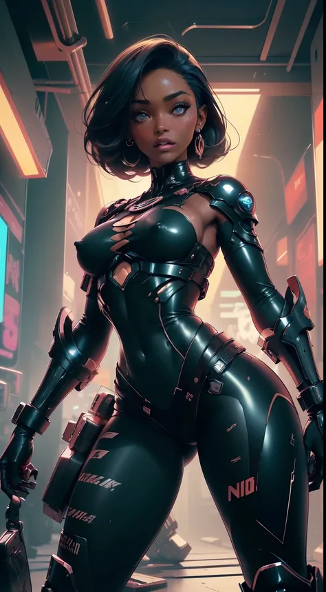 (((nsfw Bela foto de corpo inteiro de nsfw naomi campbell, corpo esguio, corpo inteiro, quadris finos, seios muito grandes, pele negra, africana))), corpo completo, ((nsfw TOPLESS, nsfw seios nus, armadura cyberpunk aberta mostrando os ombros)) com acabame...