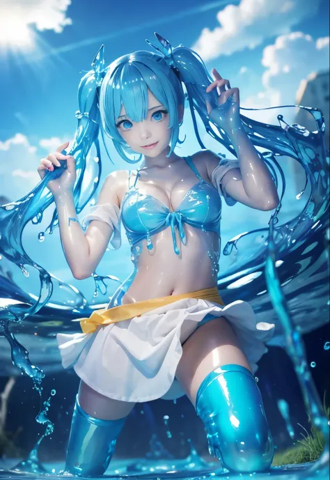 (hight resolution,masutepiece:1.2),Ultra-detailed,(Realistic:1.37), LiquidHair, blue mucus floating around, slime girl, covered in blue slime, (partially transparent), (Wet with water), (blue sweat), Slimy blue liquid dripping from her body. Her hair is al...