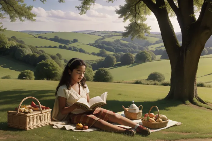 On the rolling hills of an English countryside estate in the 2000s, a thirteen-year-old Latino girl, with a picnic basket and a blanket, enjoys a leisurely day of reading under a sprawling oak tree, creating a serene tableau of quiet literary enjoyment.