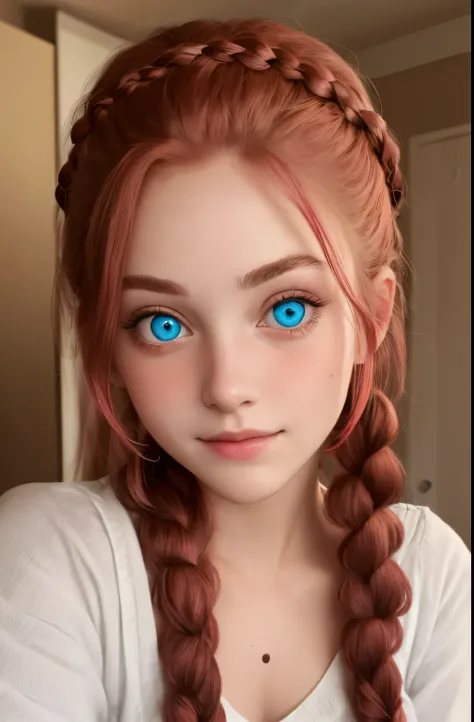 Ultra-real photo of 18-year-old Pippi Longstocking, joy of the eyes. long red hair, braided, sexual, bright colors, Intricate details of her beautiful eyes and perfect face.