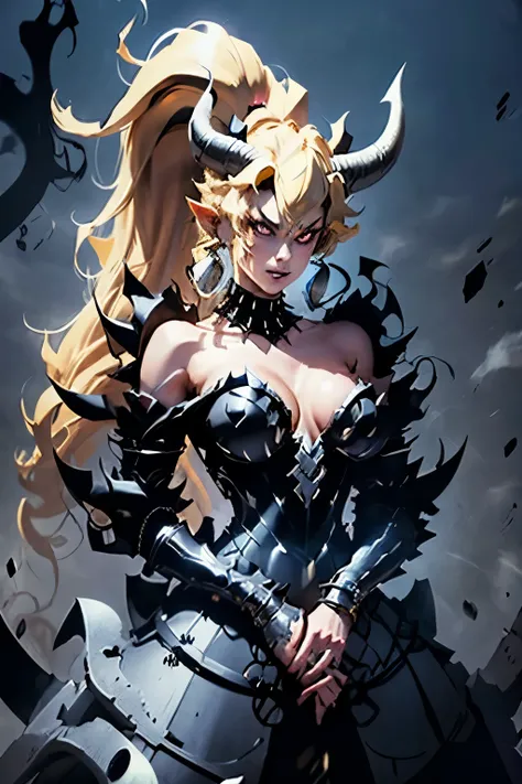 bowsette, horns, 1 woman, 30 years collar, spiked collar, spikes, jewelry, blonde hair, sharp teeth, teeth, dress, black dress, bare shoulders, blue eyes, bracelet, upper body, spiked armlet, ponytail, earrings, spiked bracelet, long hair, sharp fingernail...