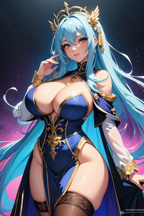 (A divine goddess with) blue hair cascading down her shoulders, (her gigantic breasts) spilling out from a low-cut, shimmering dress, (revealing ample cleavage), (with a small waist) accentuating her hourglass figure, (wearing thigh-high stockings that add...