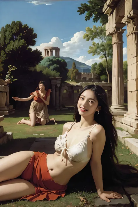 Ancient Roman ruins,landscape in the style of Poussin,A smile,,Sweet and seductive appearance.、Caravaggios paintings、Chiaroscuro of Caravaggio、Hair disheveled in the wind,Two women frolicking,Cute smile, Expression of ecstasy,A sexy,erotick