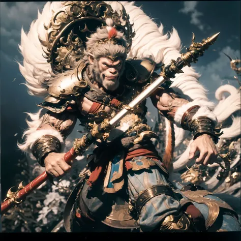 (best quality,4k,8k,highres,masterpiece:1.2),ultra-detailed, 1man, Sun Wukong the monkey king, monkey tail, furry monkey face, wielding Ruyi Jingu Bang a magical staff with a red shaft with golden tips, drawn in the style of Yoshitaka Amano, HDR, 8k, absur...