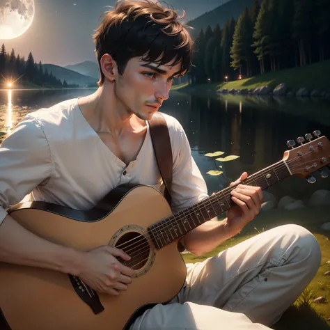 A man with thin short hair upright, distinct jaw, and white shirt wearing and playing hollow guitar outdoor in full moon night in beautiful lake and grass field in sitting ultra realistic 8k