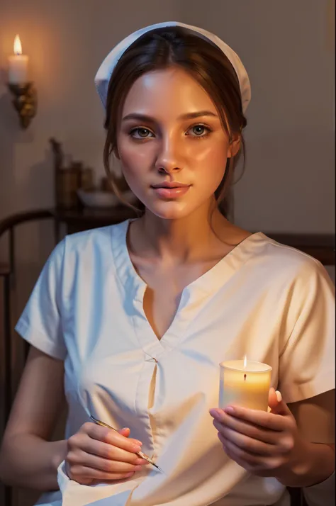 (aesthetic painting,digital art,illustration),(best quality,4k,highres),(realistic:1.37),detailed nurses,soft candlelight,warm color tone