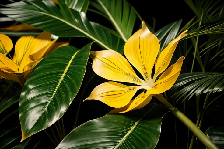 Golden Monstera Leaves Close Up Black Gold Orange Yellow Luxury Rich Background Dark Night Light Lighting Glow Tropical Plants Nature Outdoor Travel Vacation Summer Pro Photo