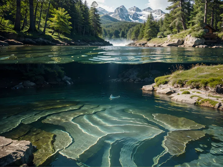 a realista image of a waterside cabin, stunningly capturing the above-water atmosphere and underwater details of the waterscape, detalhado, 4k, realista, natural, foco, perfect strokes, tiro perfeito