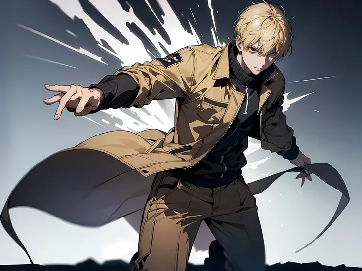 1 man, blonde hair, short hair, wearing athletic jacket, fighting pose, standing, face to detail, detailed eyes, the background ...